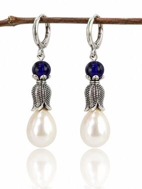 Cobalt Blue Pearl Earrings, Silver Tulip Dangles, Romantic Artisan Jewelry
